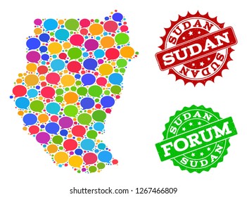 Social network map of Sudan and rubber stamp seals in red and green colors. Mosaic map of Sudan is created with forum bubbles. Flat design elements for social network posters.