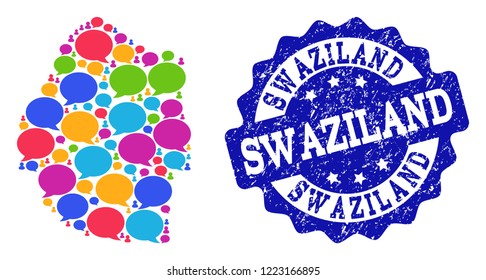 Social network map of Swaziland and blue scratched stamp seal. Mosaic map of Swaziland is designed with dialog bubbles. Abstract design elements for social network posters.