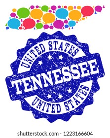 Social network map of Tennessee State and blue distress stamp seal. Mosaic map of Tennessee State is created with voice clouds. Abstract design elements for social network posters.