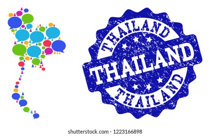 Social network map of Thailand and blue scratched stamp seal. Mosaic map of Thailand is created with speak bubbles. Abstract design elements for social network applications.