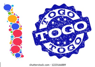 Social network map of Togo and blue scratched stamp seal. Mosaic map of Togo is designed with blog messages. Abstract design elements for social network projects.
