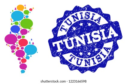 Social network map of Tunisia and blue scratched stamp seal. Mosaic map of Tunisia is designed with blog messages. Flat design elements for social network purposes.