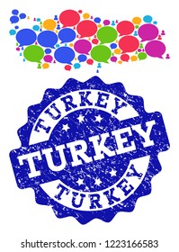 Social network map of Turkey and blue rubber stamp seal. Mosaic map of Turkey is designed with talk bubbles. Flat design elements for social network purposes.