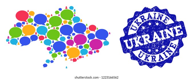 Social network map of Ukraine and blue rubber stamp seal. Mosaic map of Ukraine is composed with dialog clouds. Abstract design elements for social network applications.