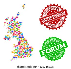 Social network map of United Kingdom and distress stamp seals in red and green colors. Mosaic map of United Kingdom is created with SMS clouds. Flat design elements for social network purposes.