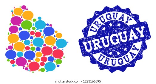 Social network map of Uruguay and blue grunge stamp seal. Mosaic map of Uruguay is created with chat bubbles. Flat design elements for social network illustrations.