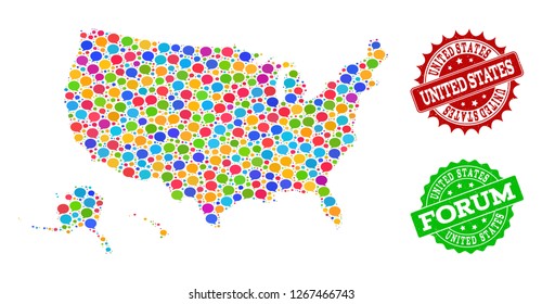 Social network map of USA territories and rubber stamp seals in red and green colors. Mosaic map of USA territories is composed with comment bubbles.