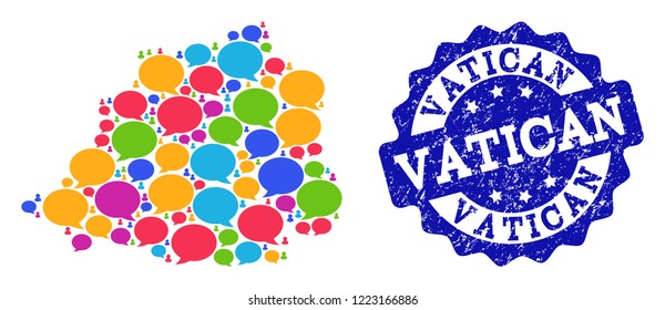 Social network map of Vatican and blue rubber stamp seal. Mosaic map of Vatican is composed with comment messages. Flat design elements for social network posters.