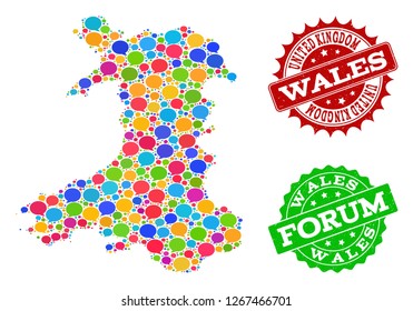 Social network map of Wales and rubber stamp seals in red and green colors. Mosaic map of Wales is created with tag clouds. Flat design elements for social network applications.