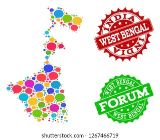 Social network map of West Bengal State and grunge stamp seals in red and green colors. Mosaic map of West Bengal State is created with conversation bubbles.