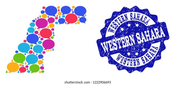 Social network map of Western Sahara and blue distress stamp seal. Mosaic map of Western Sahara is designed with chat bubbles. Flat design elements for social network posters.