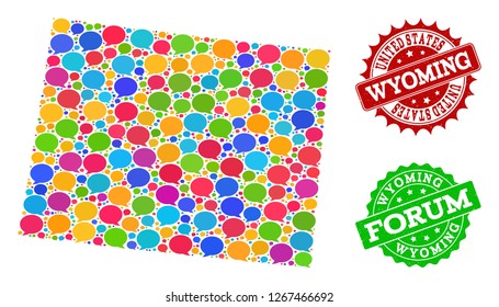 Social network map of Wyoming State and scratched stamp seals in red and green colors. Mosaic map of Wyoming State is designed with forum clouds. Flat design elements for social network applications.