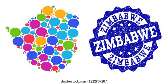 Social network map of Zimbabwe and blue grunge stamp seal. Mosaic map of Zimbabwe is composed with SMS messages. Abstract design elements for social network projects.