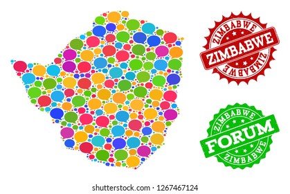 Social network map of Zimbabwe and rubber stamp seals in red and green colors. Mosaic map of Zimbabwe is designed with chat clouds. Flat design elements for social network posters.