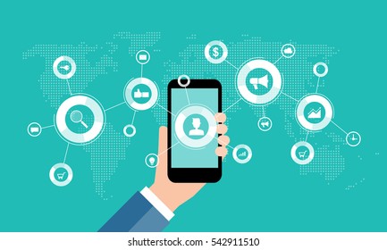 social network marketing concept and digital business on mobile concept.flat vector