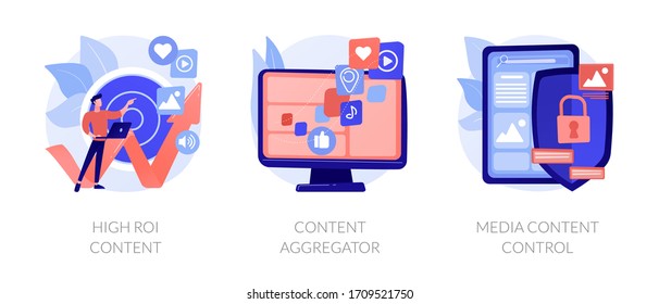 Social network marketing. Return on investment. Target analysis, SMM management. High roi content, content aggregator, media content control metaphors. Vector isolated concept metaphor illustrations