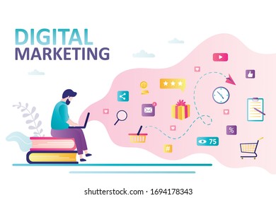 Social network and media communication. Promotion and SEO. Business analysis, content strategy and management. Digital marketing concept. Businessman use laptop and working. Flat Vector illustration