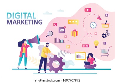 Social network and media communication. Promotion and SEO. Business analysis, content strategy and management. Digital marketing concept. Teamwork, group of businesspeople. Flat Vector illustration