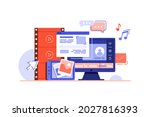 Social network and media devices vector illustration. Big variety of multimedia equipment flat style. Multimedia, digital marketing concept