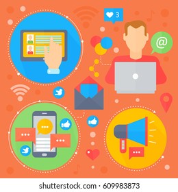 Social Network and Social Media flat concept design. Media icons in circles. Digital marketing infographics template banner design. Vector illustration.