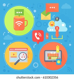 Social Network and Social Media flat concept design. Media icons in circles. Digital marketing infographics template banner design. Vector illustration.