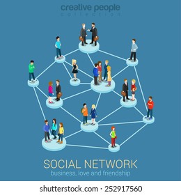 Social Network Media Global People Communication Information Sharing Flat 3d Web Isometric Infographic Concept Vector. Pedestals Connection Business Love Friendship. Creative People Collection.