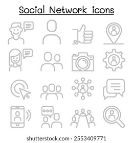 Social network, social media icon set in thin line style
