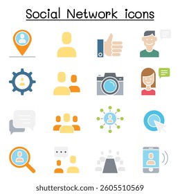 Social network, social media icon set in flat color style