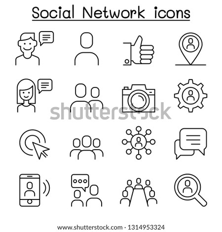 Social network, social media icon set in thin line style