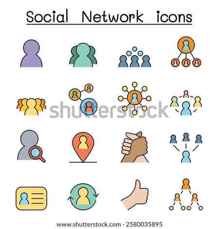 Social Network and Social Media icon set in color line style