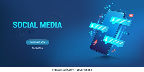 Social network and Social media illustration concept. Chatting and communication on modern app. Mobile phone mockup with likes, message bubbles and icons. UI app social media. Vector blue web banner
