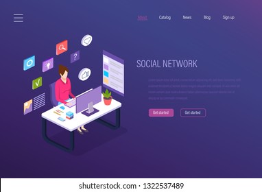 Social network, social media marketing development, business analytics, digital communication, chatting. Promotion, customer acquisition, advertising, working internet environment. Isometric vector.