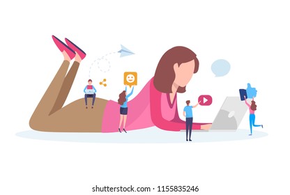 Social network, Social media, Online community, Chat, Message, news,website, User, Blogger. Flat cartoon miniature  illustration vector graphic on white background.