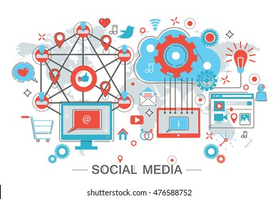 Social Network and Social Media vector illustration. Modern graphic design Flat line infographics Concept for promo and web banner.