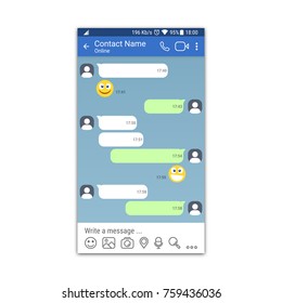 Social network or messenger application template for mobile devices. Chat or sms app interface concept. Vector illustration