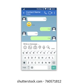 Social network or messenger application template with virtual keyboard for mobile devices. Chat or sms app interface concept. Vector illustration