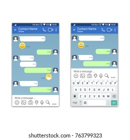 Social network or messenger application template with and without virtual keyboard for mobile devices. Chat or sms app interface concept. Vector illustration