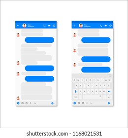 Social network Messenger concept template. Modern messenger app template with chat bubbles and keyboard. Vector Mockup dialogues composer.