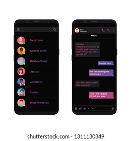 Social network Messenger concept vector illustration. Messenger dark black trendy chat app interface. Clean Mobile UI Design.