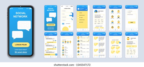 Social network mobile app interface design vector templates set. Online chatting. Internet communication. Web page design layouts kit. Pack of UI, UX, GUI screens for application. Phone display