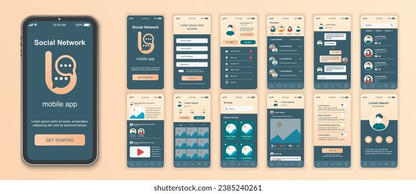 Social network mobile app interface screens template set. Online account, friends chat, messages, photo posts, blogging statistics. Pack of UI, UX, GUI kit for application web layout. Vector design.