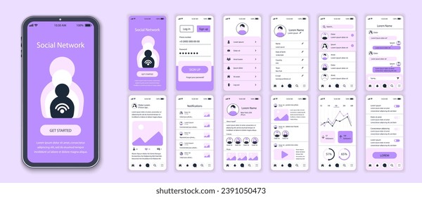 Social network mobile app interface screens template set. Account login, friends list, messages in chat, settings profile, statistic. Pack of UI, UX, GUI kit for application web layout. Vector design.