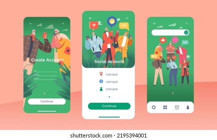 Social Network Mobile App Page Onboard Screen Template. Senior Characters with Mobile Phones Browsing Internet, Chatting Online Elderly People Communicate Concept. Cartoon People Vector Illustration