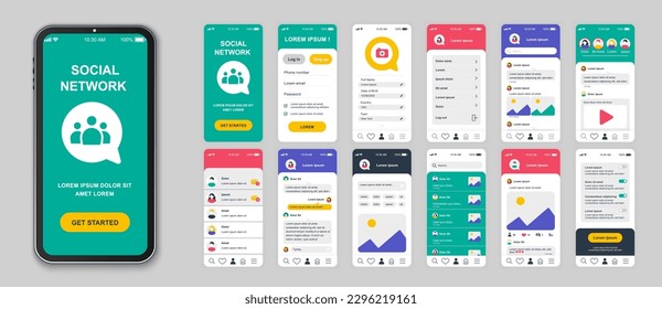 Social network mobile app screens set for web templates. Pack of login, information profile, posts, photos, friends, chats and other mockups. UI, UX, GUI user interface kit for layouts. Vector design