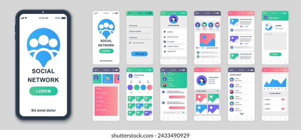 Social network mobile app screens set for web templates. Pack of profile login, photo avatar, online communication, blogging menu. UI, UX, GUI user interface kit for cellphone layouts. Vector design