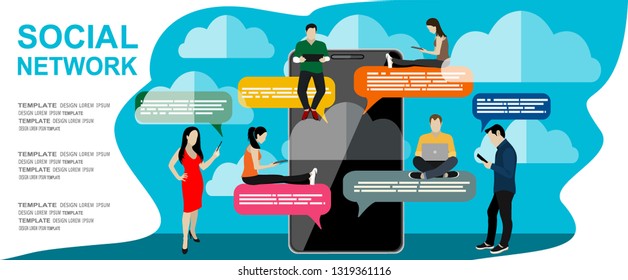 Social network. Mobile application people sitting bubbles chat interface message notifications. Flat vector.