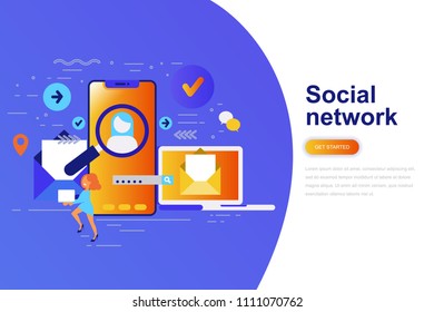 Social network modern flat concept web banner with decorated small people character. Landing page template. Conceptual vector illustration for web and graphic design, marketing.