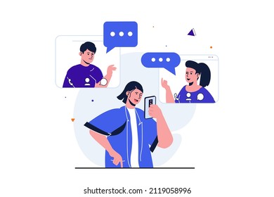 Social network modern flat concept for web banner design. Friends meet online using video calls in mobile application. Men and women communicates online. Vector illustration with isolated people scene