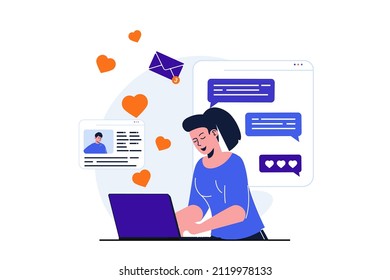 Social network modern flat concept for web banner design. Woman makes romantic correspondence with man and sending hearts in online dating application. Vector illustration with isolated people scene