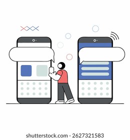 Social network modern flat concept for web banner design. Woman follows blog and personal profile of friend or blogger, likes photos and comments posts. Vector illustration with isolated people scene